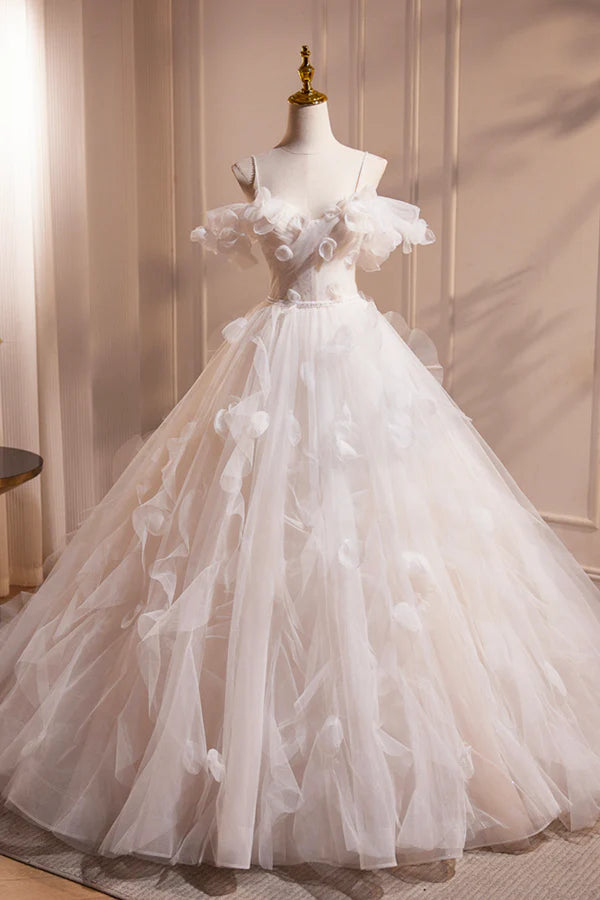 Wholesale Light Champagne Spaghetti Strap Tulle Long Prom Dress Beautiful A-Line Formal Evening Dress